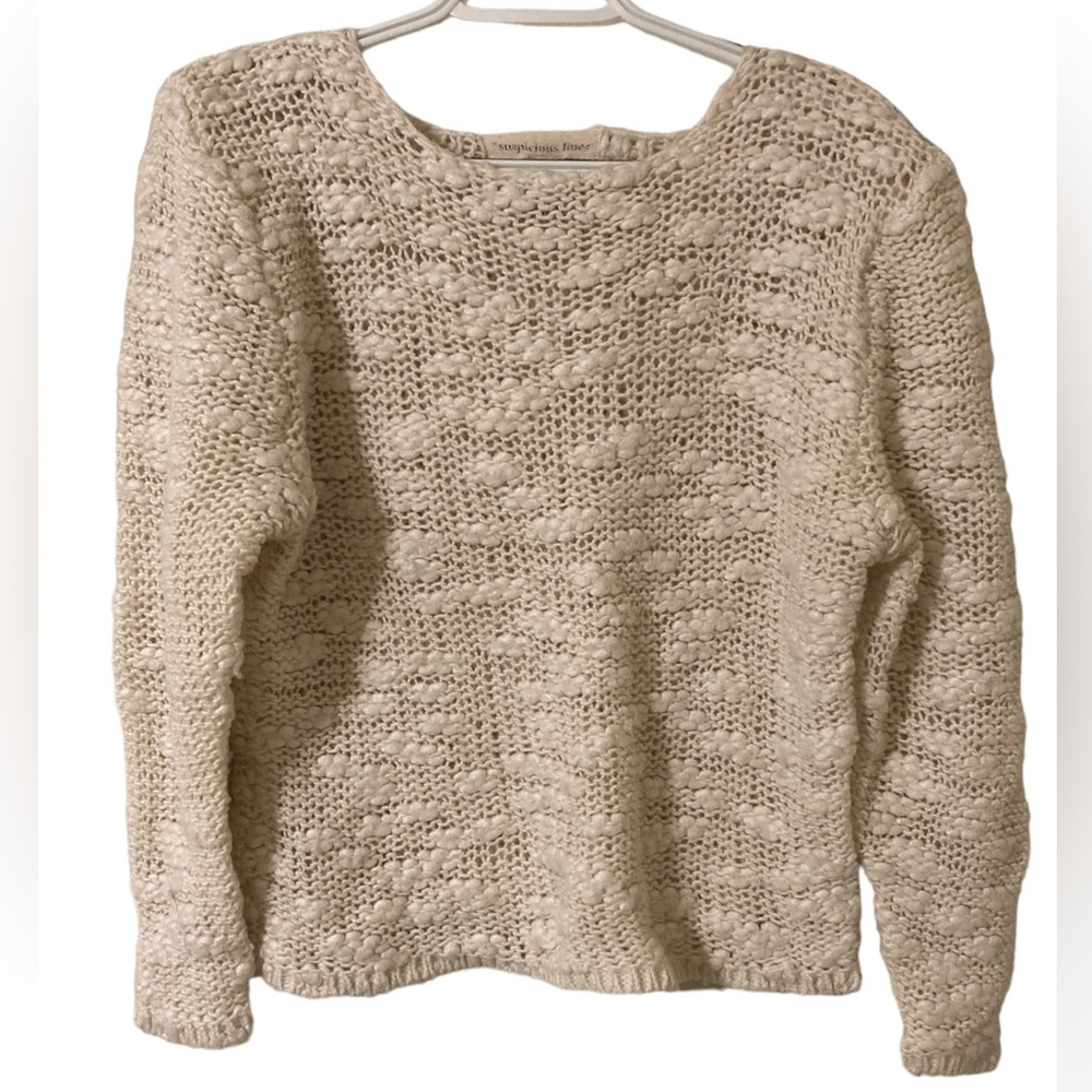 Suspicious Lines Cream 90s Y2K wool blend Boucle open knit sweater - L